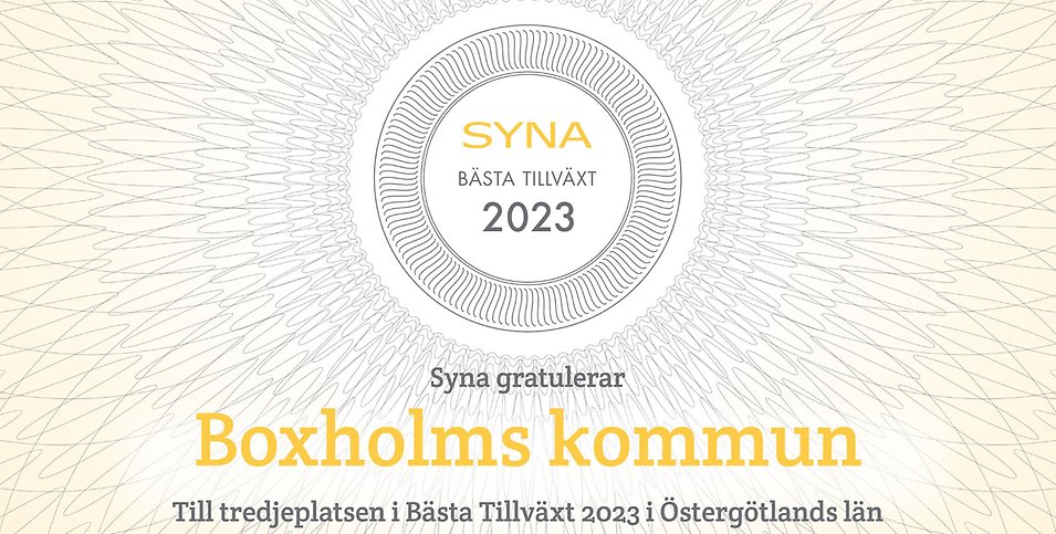 Syna Bästa Tillväxt 2023. Syna gratulerar Boxholms kommun till tredjeplatsen i Bästa Tillväxt 2023 i Östergötlands län. 