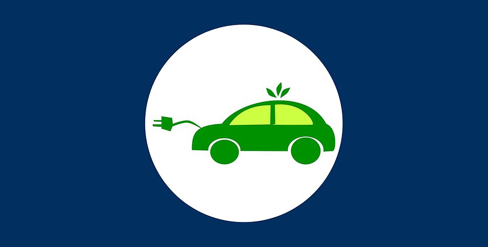 Blå bakgrund med en vit cirkel i mitten. Inne i cirkeln är grön illustration av en elbil.